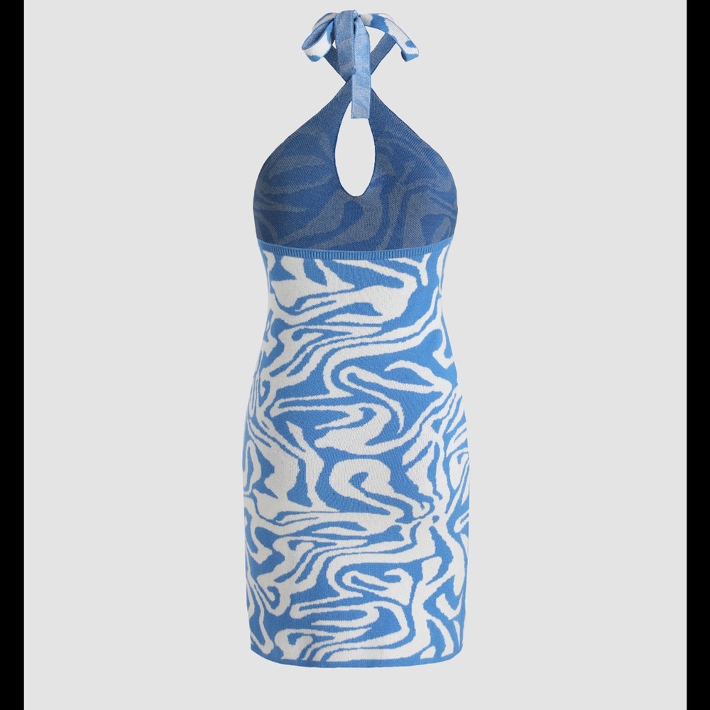 New with tags Cider Blue & White Swirl Knit 70s Vintage Style Mini Halter Dress - Picture 3 of 8
